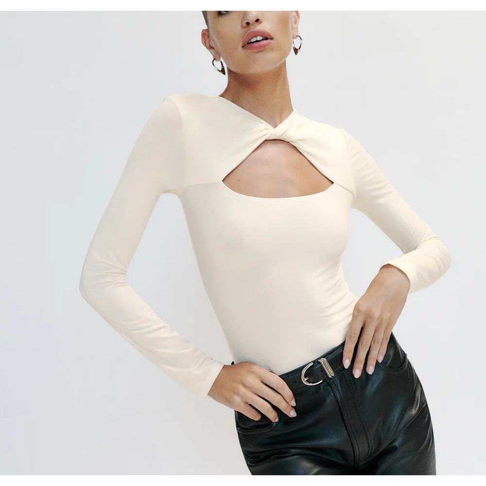 Reformation Cream Twist Cutout Long-Sleeve Top